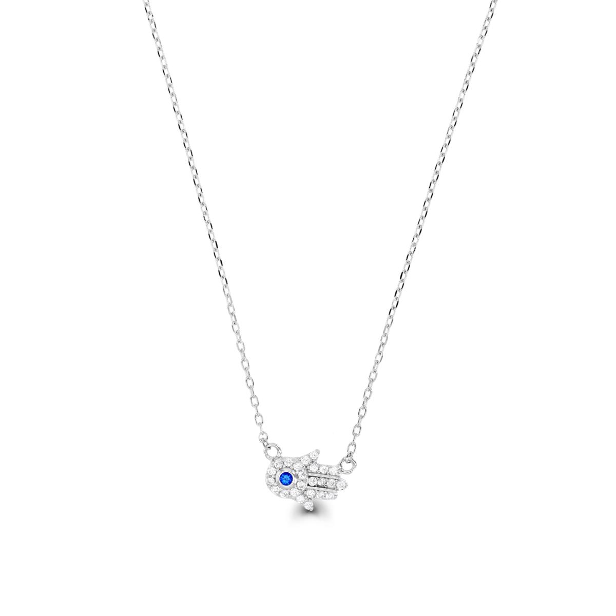 Sterling Silver Rhodium & #113 Blue and White CZ Evil Eye and Hamsa Hand Layered 16+2" Necklace