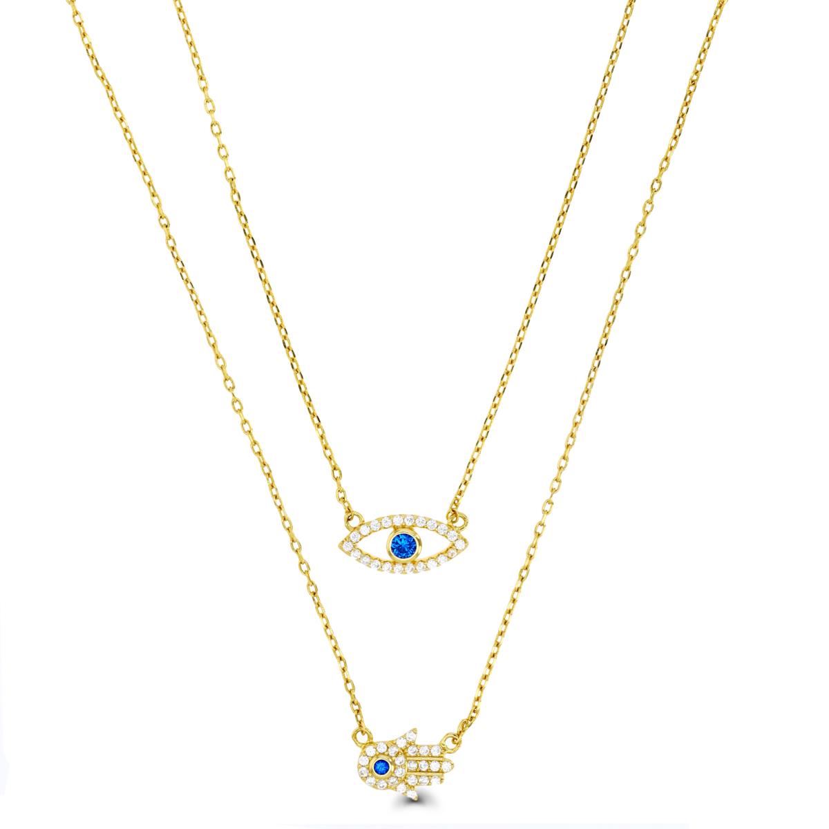 Sterling Silver Yellow 1M & #113 Blue and White CZ Evil Eye and Hamsa Hand Layered 16+2" Necklace