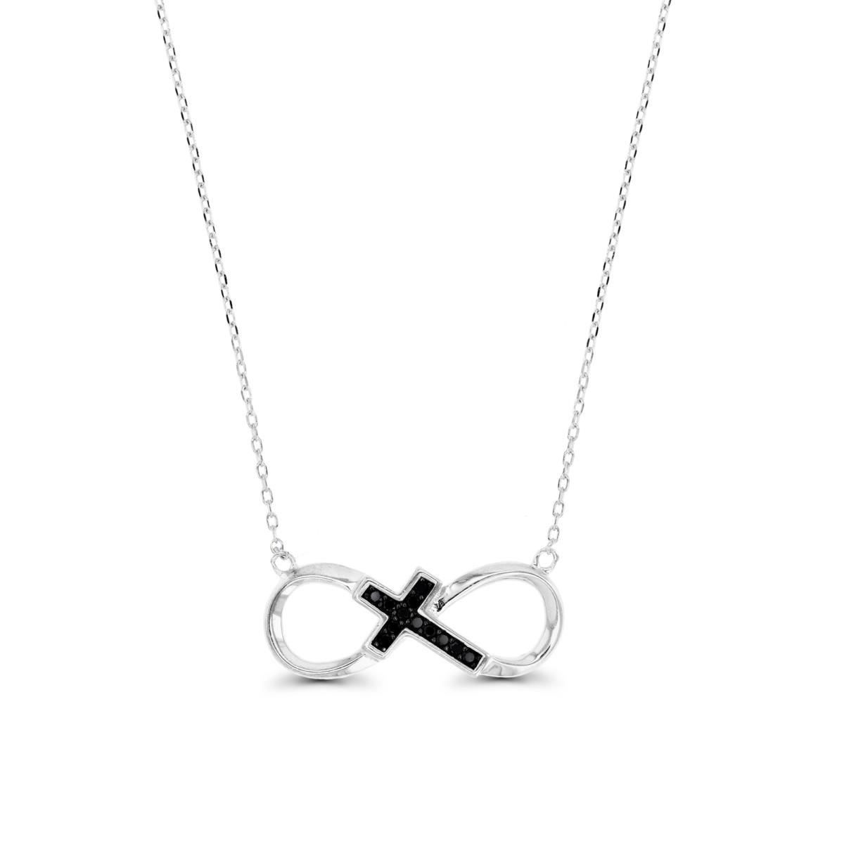 Sterling Silver Black and Rhodium & Black Spinel Infinity Cross 16+2" Necklace