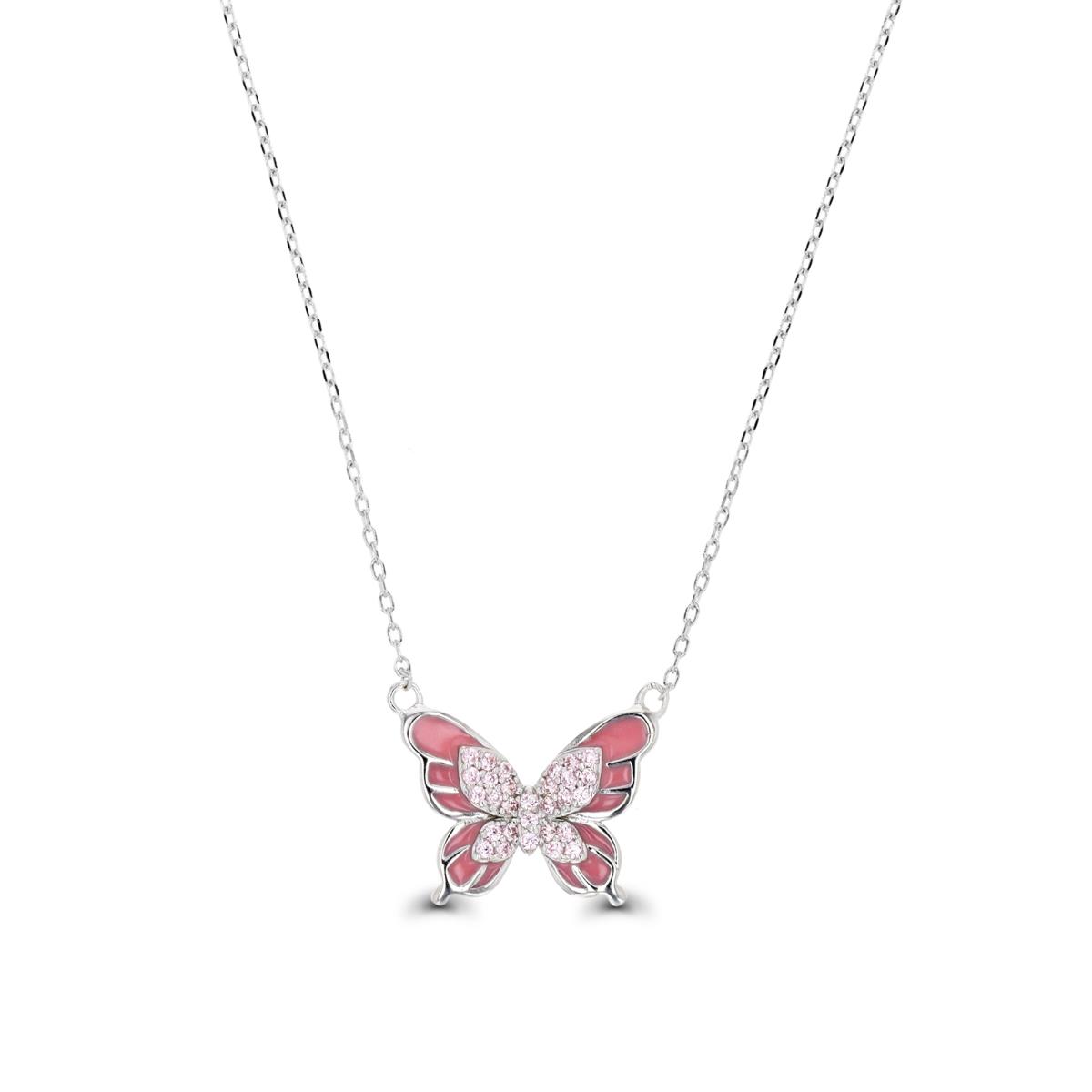 Sterling Silver Rhodium & Pink CZ and Pink Enamel Butterfly 13+2" Necklace