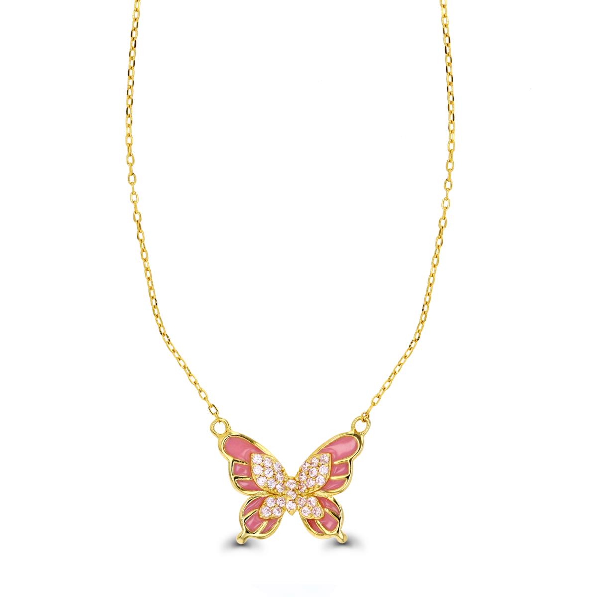 Sterling Silver Yellow 1M & Pink CZ and Pink Enamel Butterfly 13+2" Necklace