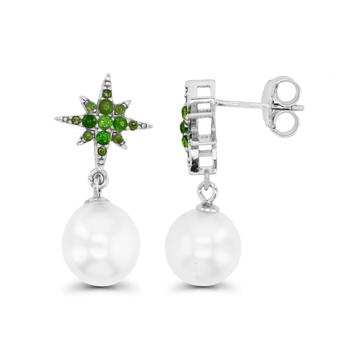 Sterling Silver Rhodium 9-10MM FWP & Chrome Diopside Dangling Earring