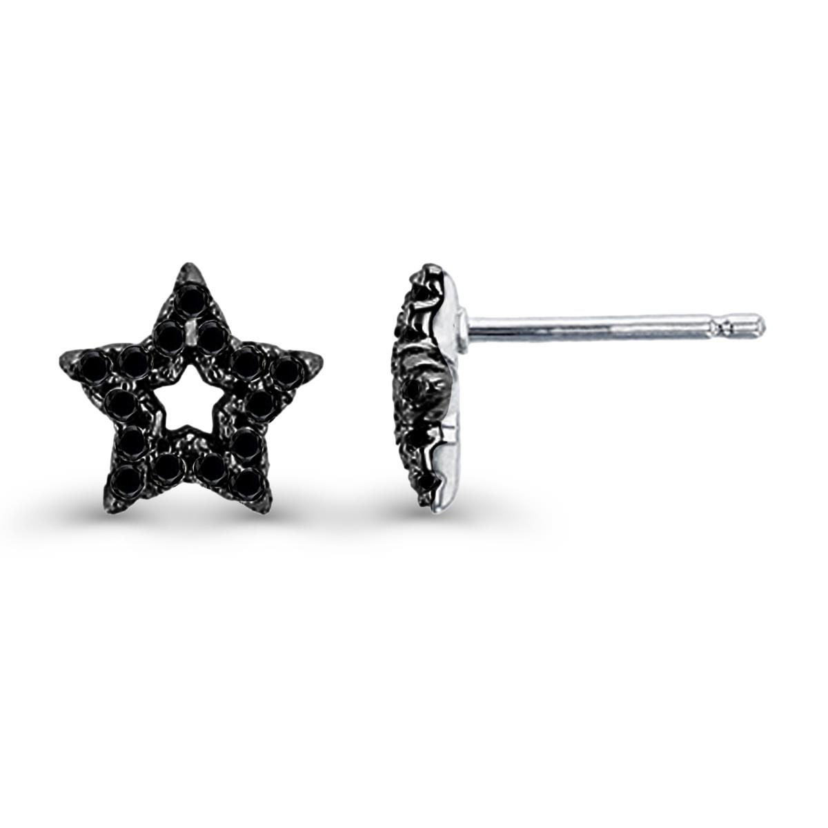 Sterling Silver Rhodium Black Spinel Micropave 7mm Open Center Star Stud Earring