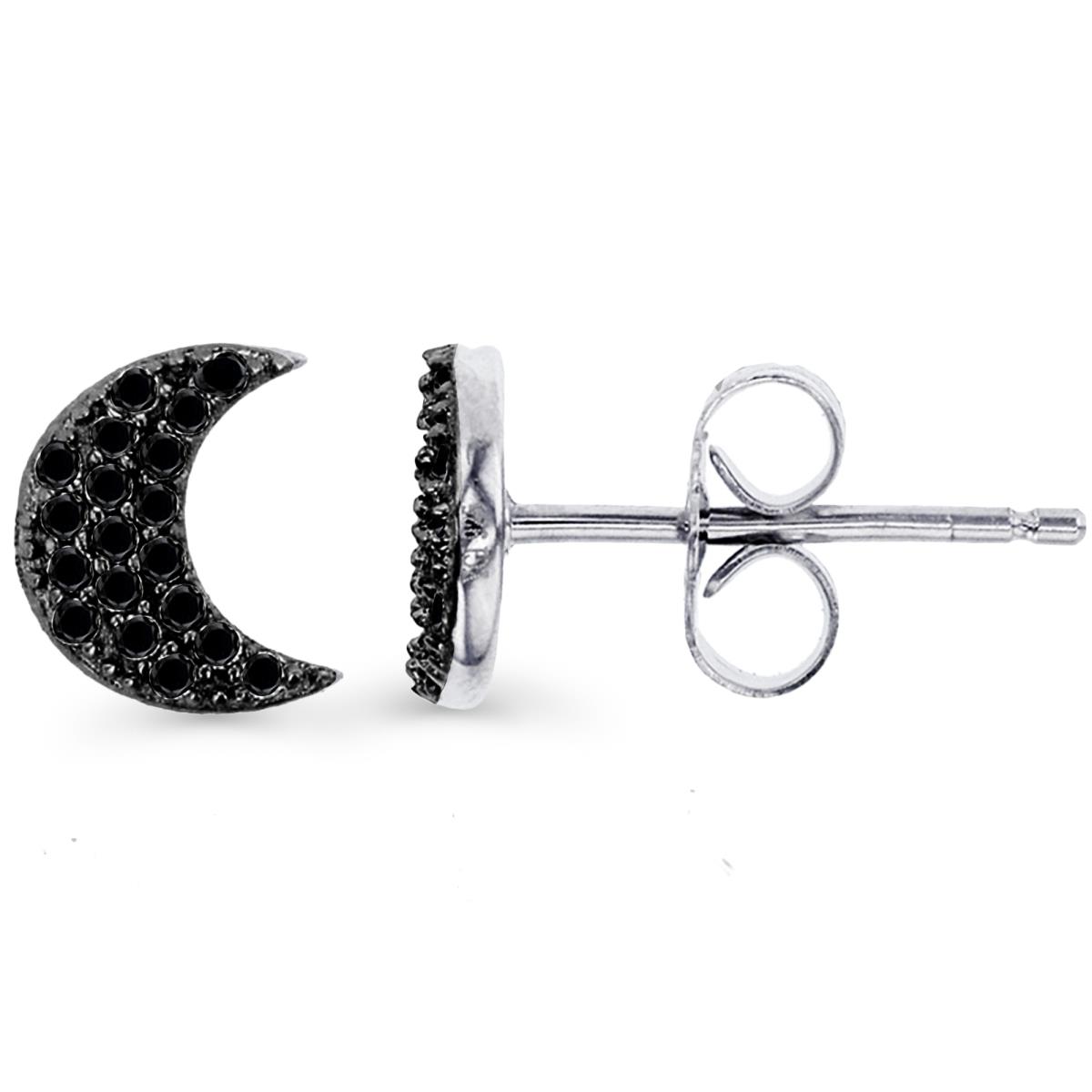 Sterling Silver Rhodium Black Spinel Micropave Crescent Moon Stud Earring