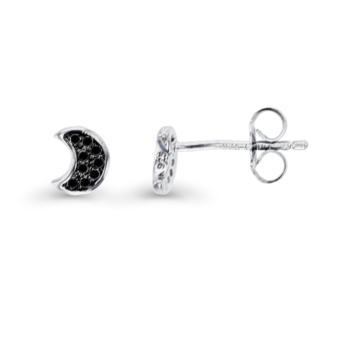 Sterling Silver Rhodium Rnd Black Spinel Micropave Moon Studs