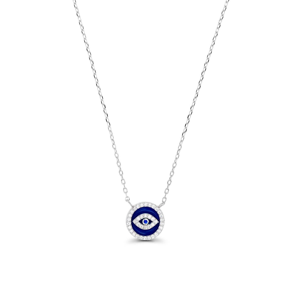 Sterling Silver Rhodium & #113 Blue and White CZ and Blue Enamel Evil Eye 16+2" Necklace