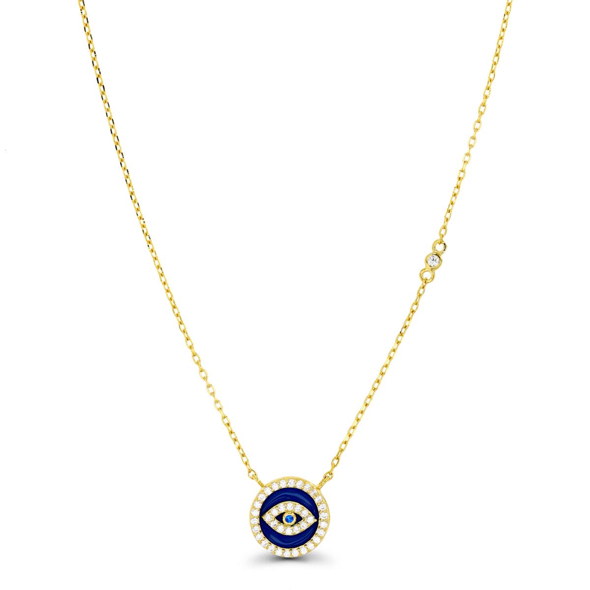 Sterling Silver Yellow 1M & #113 Blue and White CZ and Blue Enamel Evil Eye 16+2" Necklace