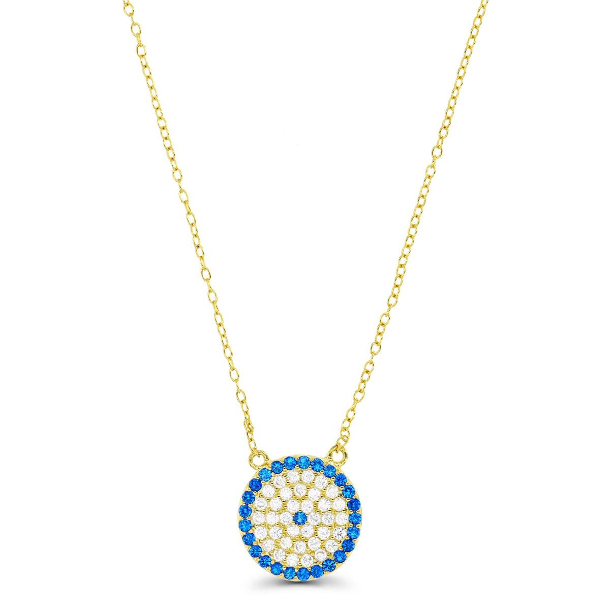 Sterling Silver Yellow 1M & #113 Blue and White CZ Circle Evil Eye 16+2" Necklace