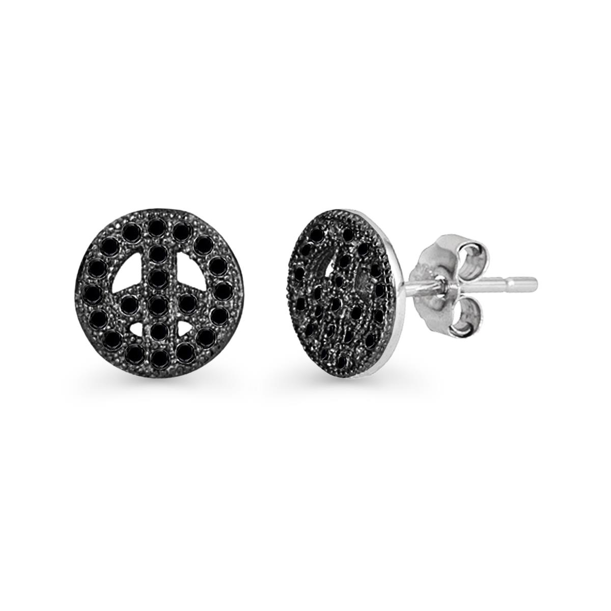 Sterling Silver Rhodium Black Spinel 7.6mm Micropave Petite Round Peace Sign Stud Earring