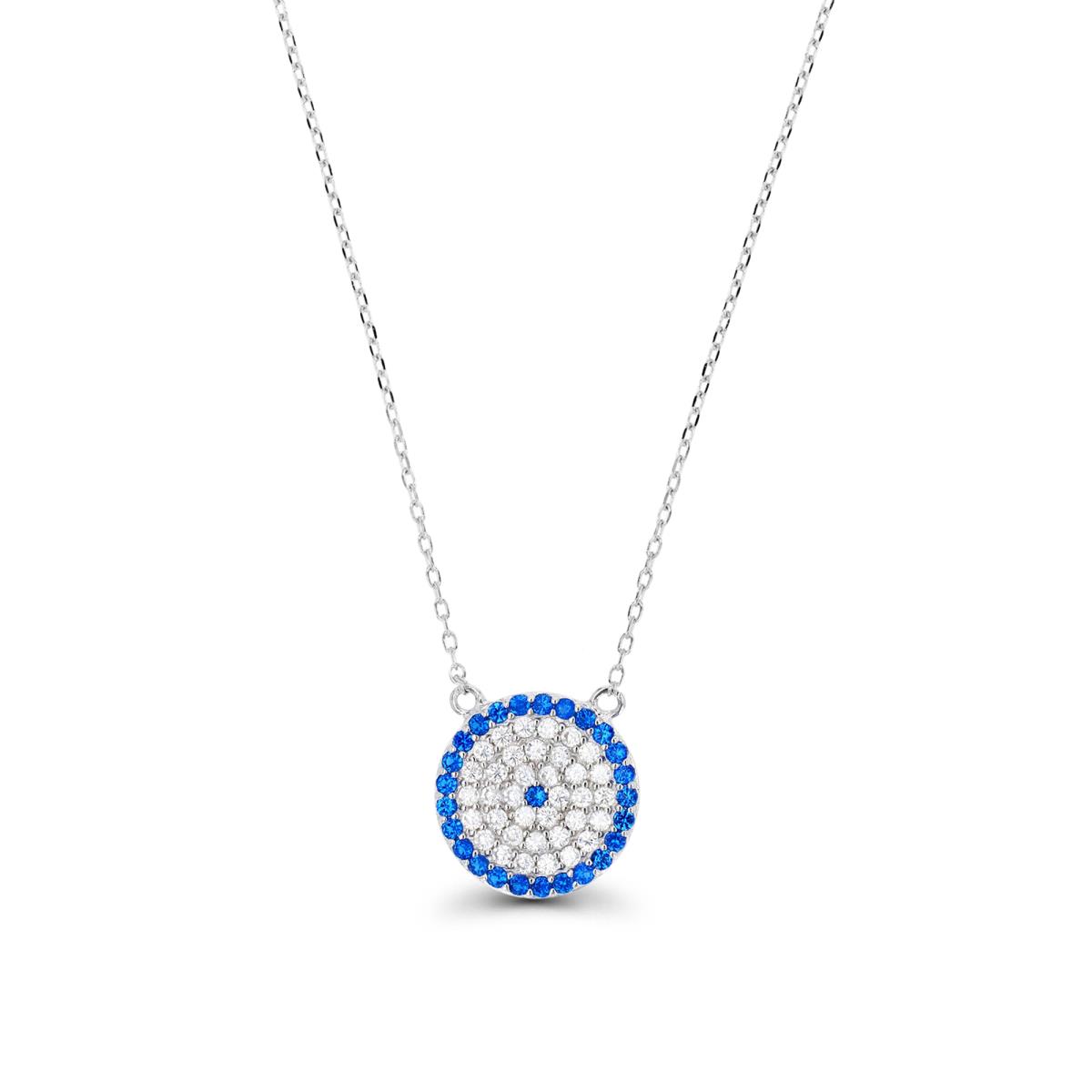 Sterling Silver Rhodium & #113 Blue and White CZ Circle Evil Eye 16+2" Necklace