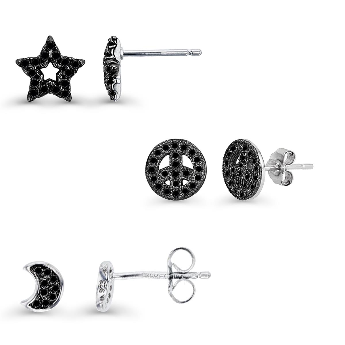 Sterling Silver Black & White Black Spinel Micropave Crescent Moon / Star & Peace Sign  Earring Set