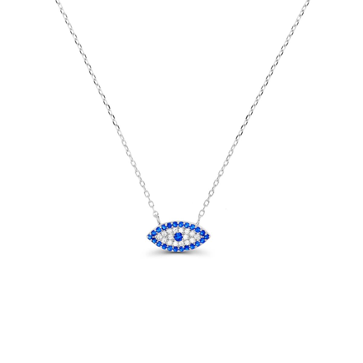 Sterling Silver Rhodium & #113 Blue and White CZ Evil Eye 16+2" Necklace
