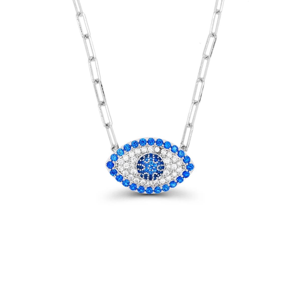 Sterling Silver Rhodium & #113 Blue and White CZ Evil Eye with Paperclip Chain 16+2" Necklace
