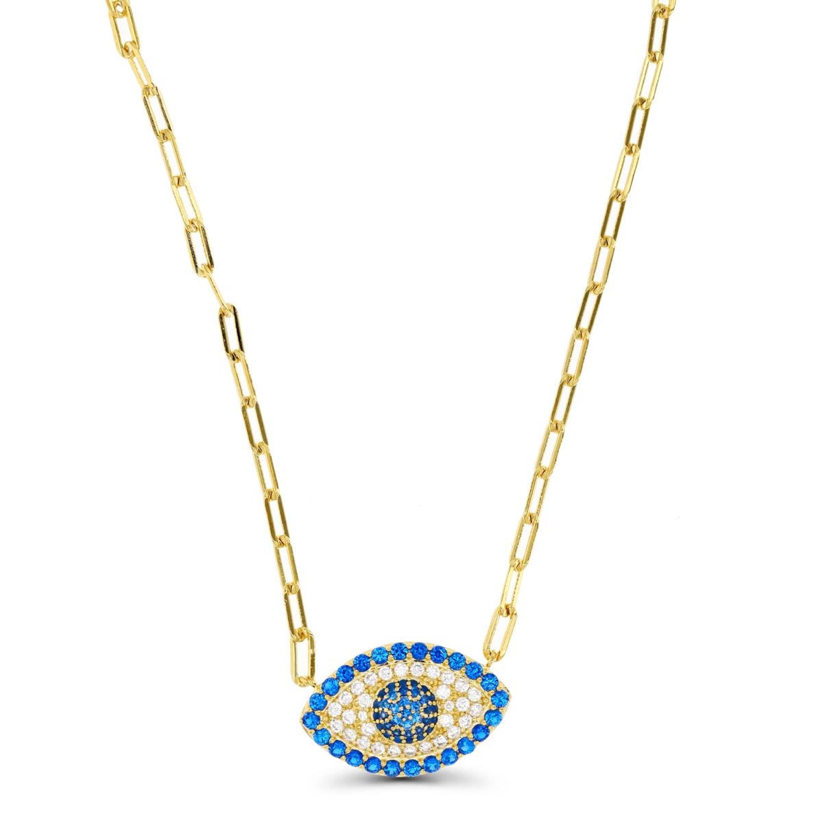 Sterling Silver Yellow 1M & #113 Blue and White CZ Evil Eye with Paperclip Chain 16+2" Necklace