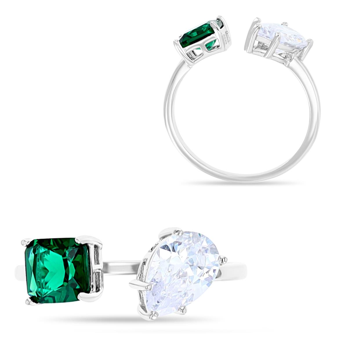 Sterling Silver Rhodium 05M Fashion Green Princess Cut & Pear White CZ 2-Stone Ring