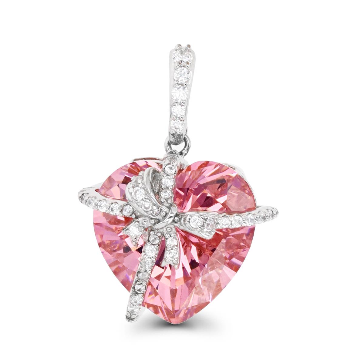 Sterling Silver Rhodium & White and Pink HE Ct CZ Heart and Bow Pendant