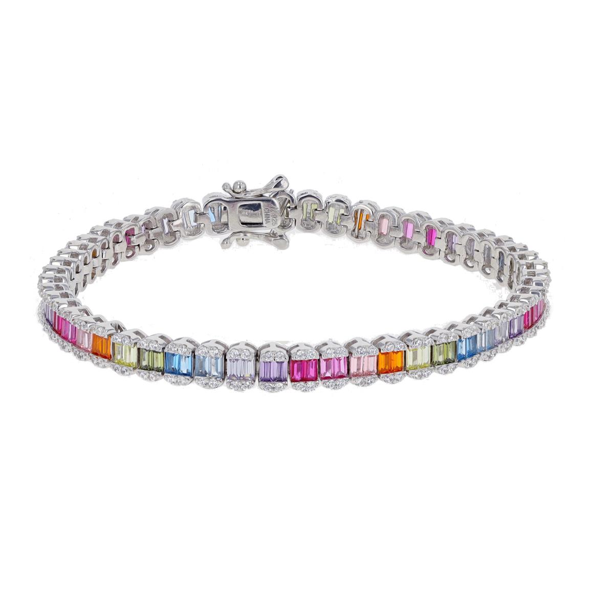 Sterling Silver Rhodium 05M Rd & Multi Color Bgt CZ Tennis 7" Bracelet