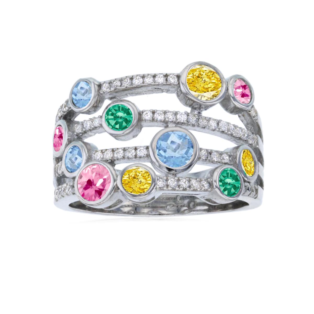 Sterling Silver Rhodium 05M Multi Color Multi Strand Micropave Floating Bezel Rd Cut CZ Fashion Ring