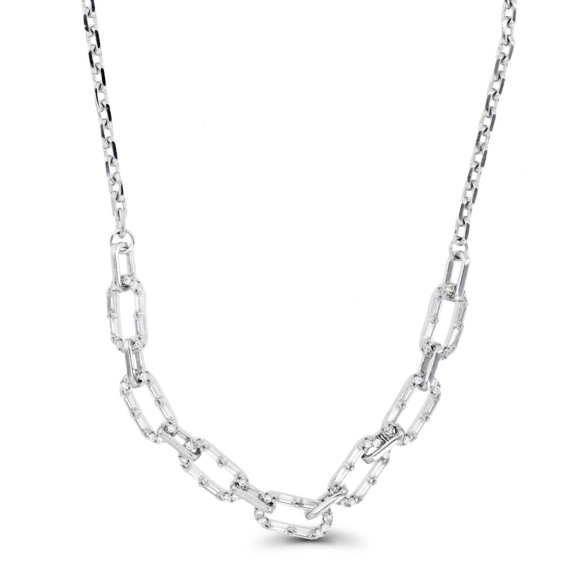 Sterling Silver Rhodium & White RD and STR BGT CZ Oval Link Pendant w/Paperclip Chain 16+2" Necklace