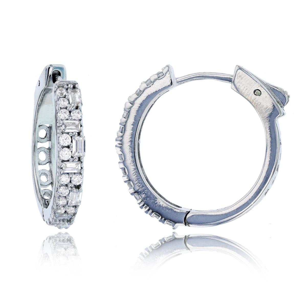 Sterling Silver Rhodium 05M 20x4mm 2-Row Micropave Baguette & Rd Cut CZ Hoop Earring with Safety Lock