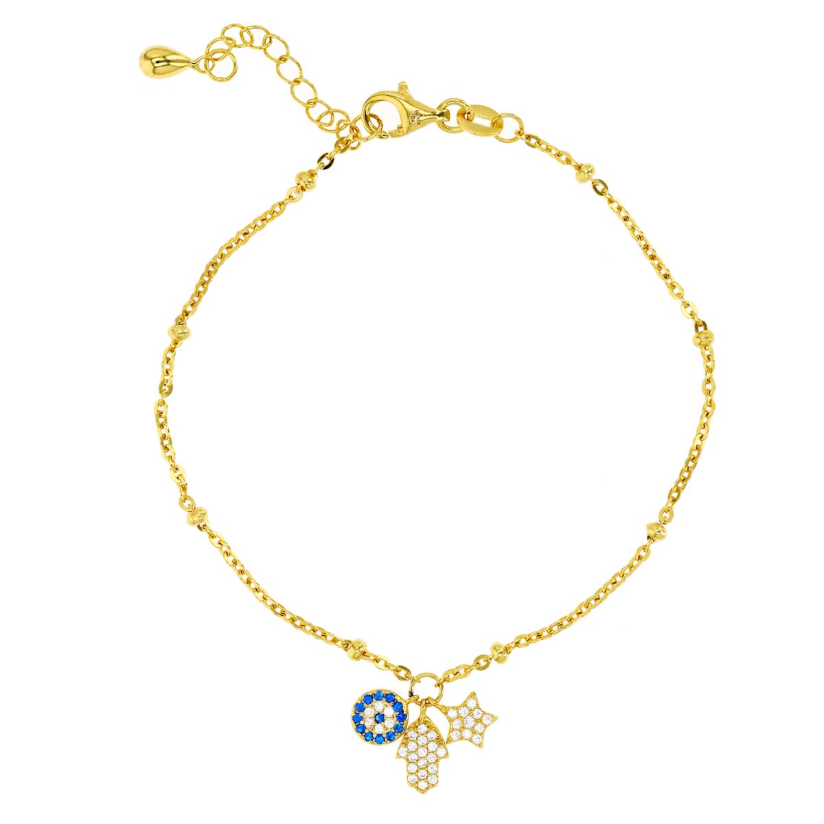 Sterling Silver Yellow 1M & #113 Blue and White CZ Hamsa, Star and Evil Eye Charm 7+1" Bracelet