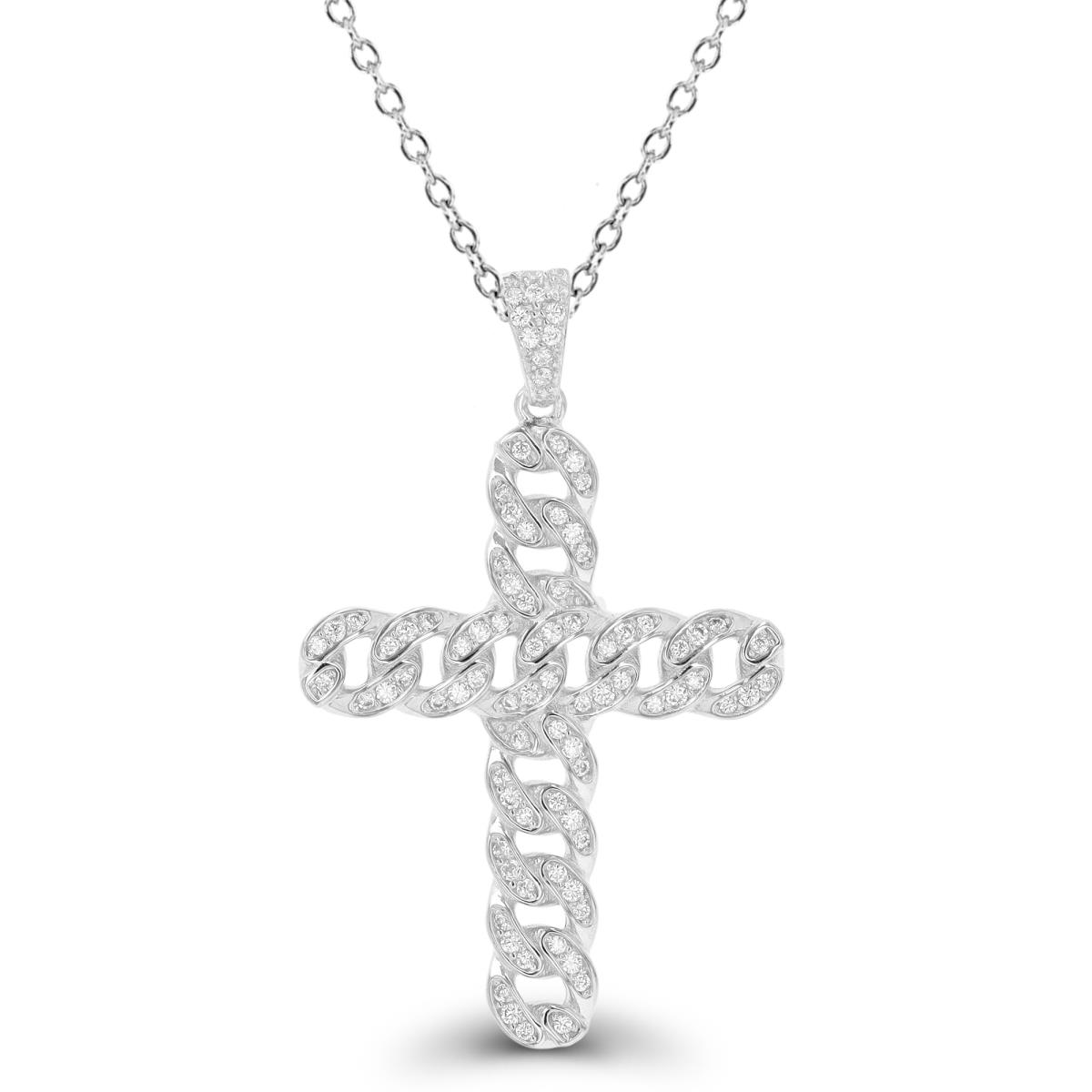 Sterling Silver Rhodium 05M Chain Cross White CZ 40x26mm 18" Necklace