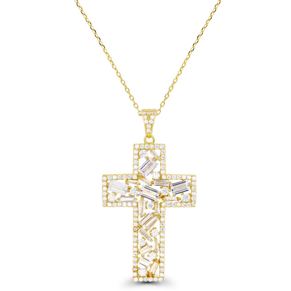 Sterling Silver Yellow 1M & White Multi-Cut CZ Large Cross 18+2" Necklace