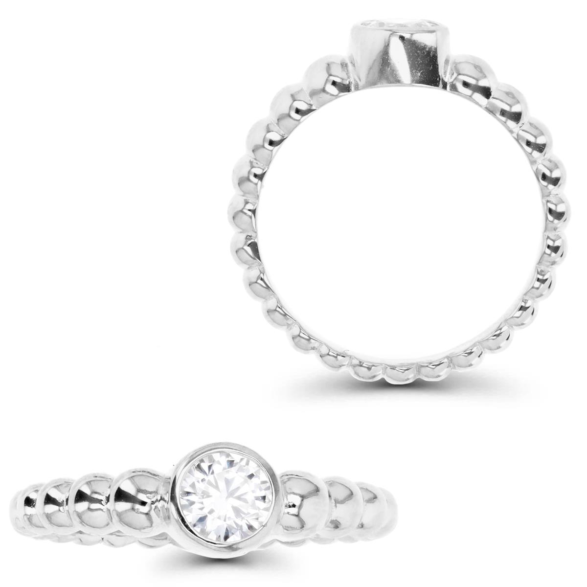 Sterling Silver Rhodium White Cz Solitaire Bezel Beaded  Ring