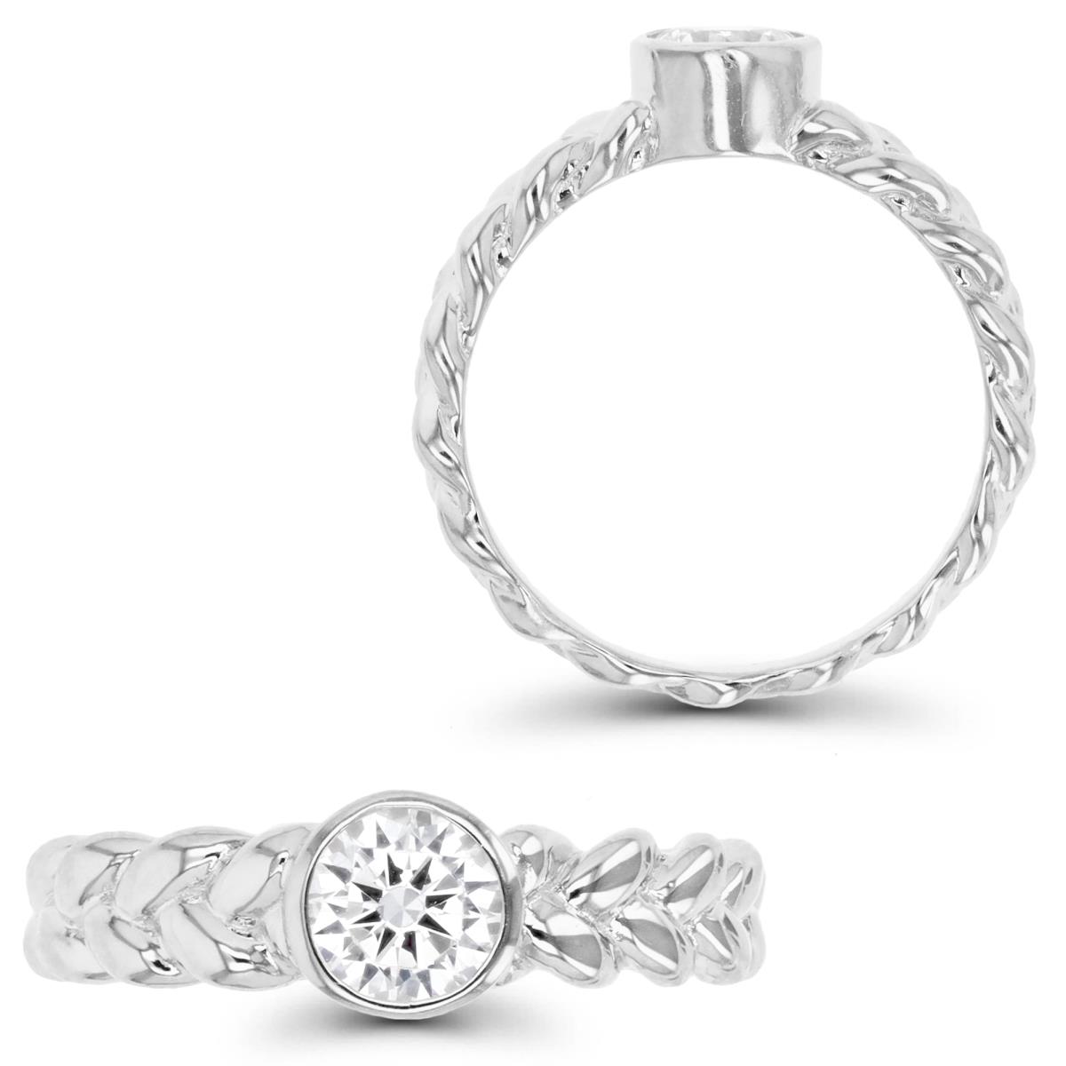Sterling Silver Rhodium White CZ 5.50MM Solitaire Bezel Braided Ring