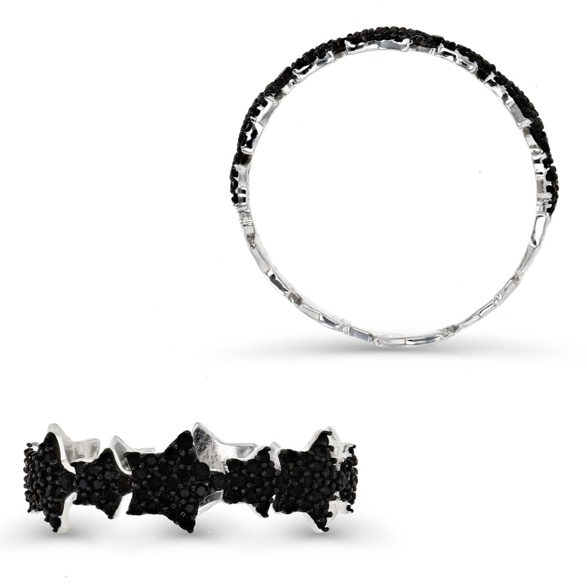 Sterling Silver Rhodium Black Spinel Half Pave Fashion Ring