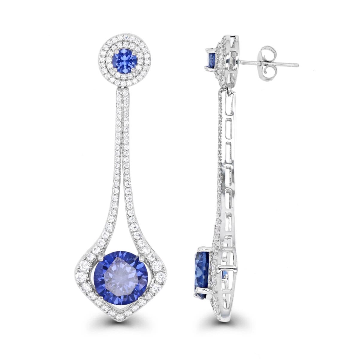Sterling Silver Rhodium & Tanzanite and White CZ Halo Fancy Dangling Earring