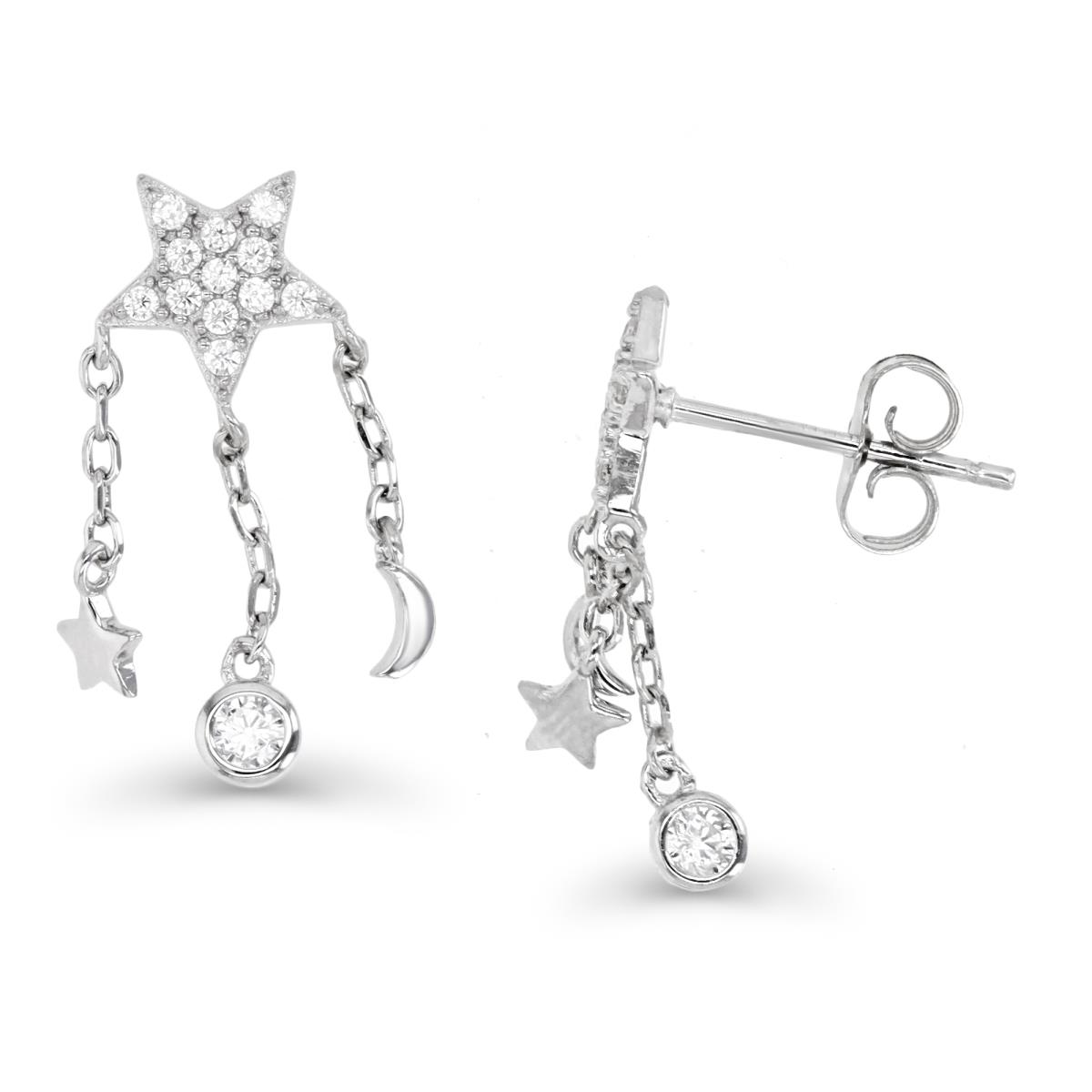 Sterling Silver Rhodium Polished 21X9MM White CZ Pave Star Dangling Moon & Star Earring
