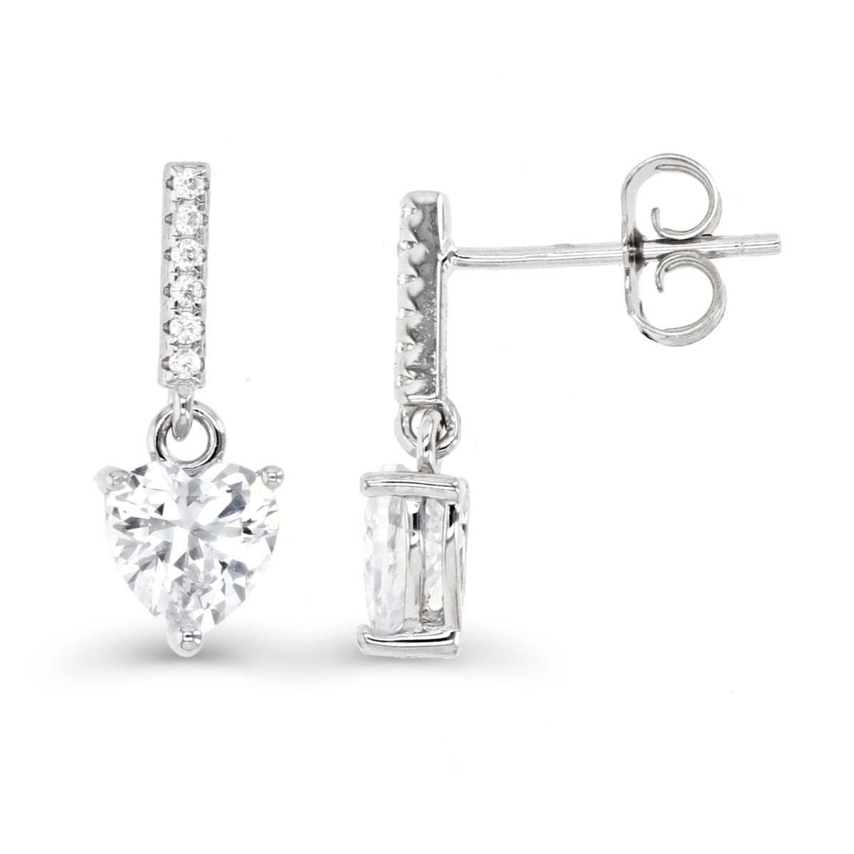 Sterling Silver Rhodium & White HS and RD CZ Bar and Heart Dangling Earring