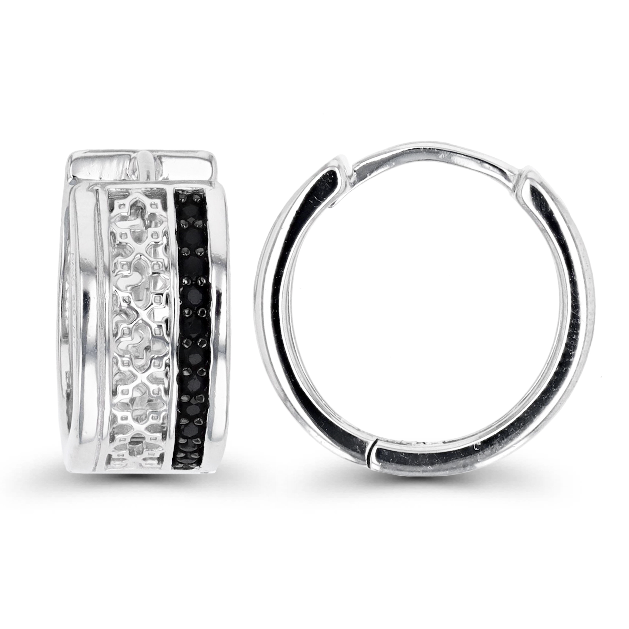 Sterling Silver Black and Rhodium & Black Spinel Cutout Design Huggie Earring
