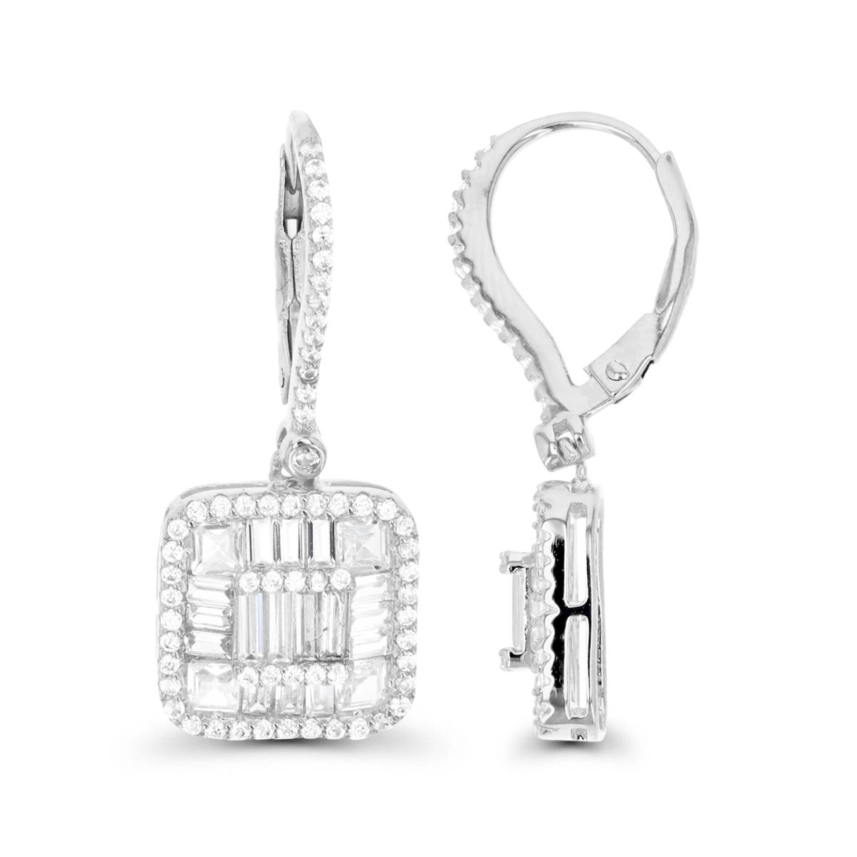 Sterling Silver Rhodium & White BT CZ Square Leverback Dangle Earring