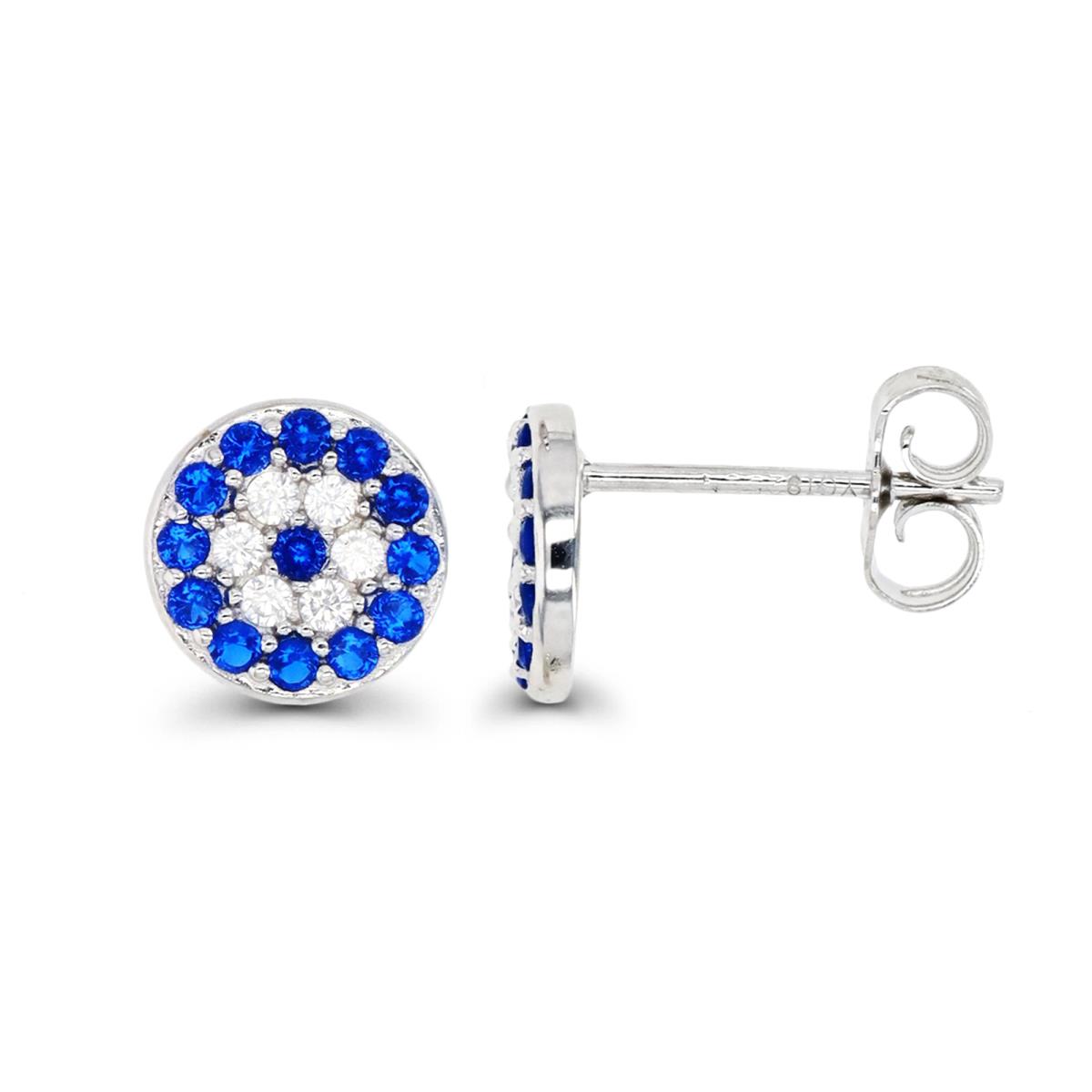 Sterling Silver Rhodium Polished Rd White CZ & #113Blue Pave Stud Earring
