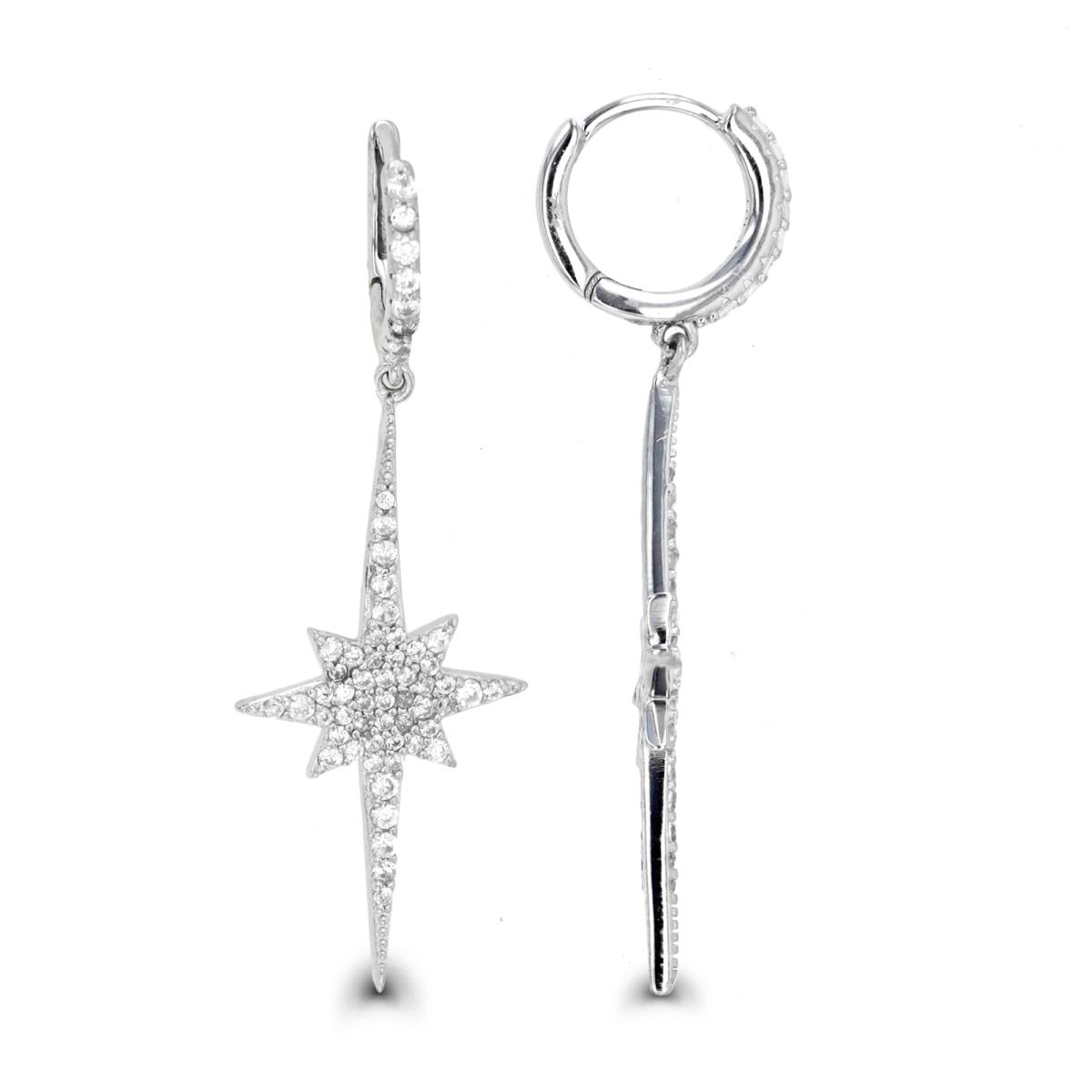 Sterling Silver Rhodium & Created White Sapphire Starburst Dangling Huggie Earring