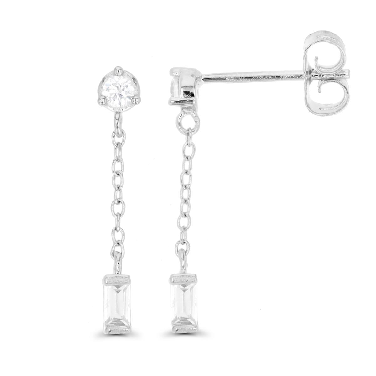 Sterling Silver Rhodium & White CZ Chain Drop Stud Earring