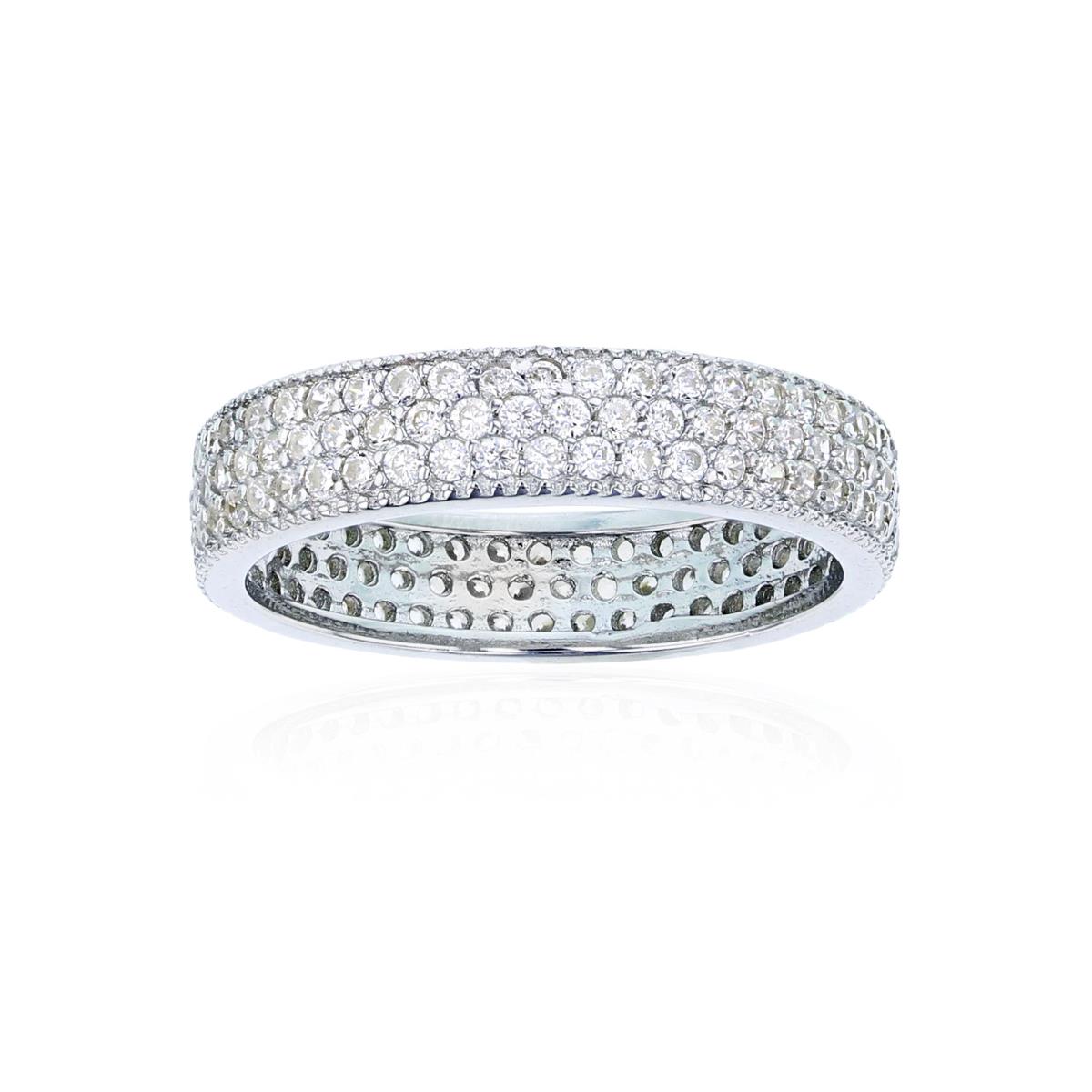 Sterling Silver Rhodium 5mm 3 Row Pave Eternity Band