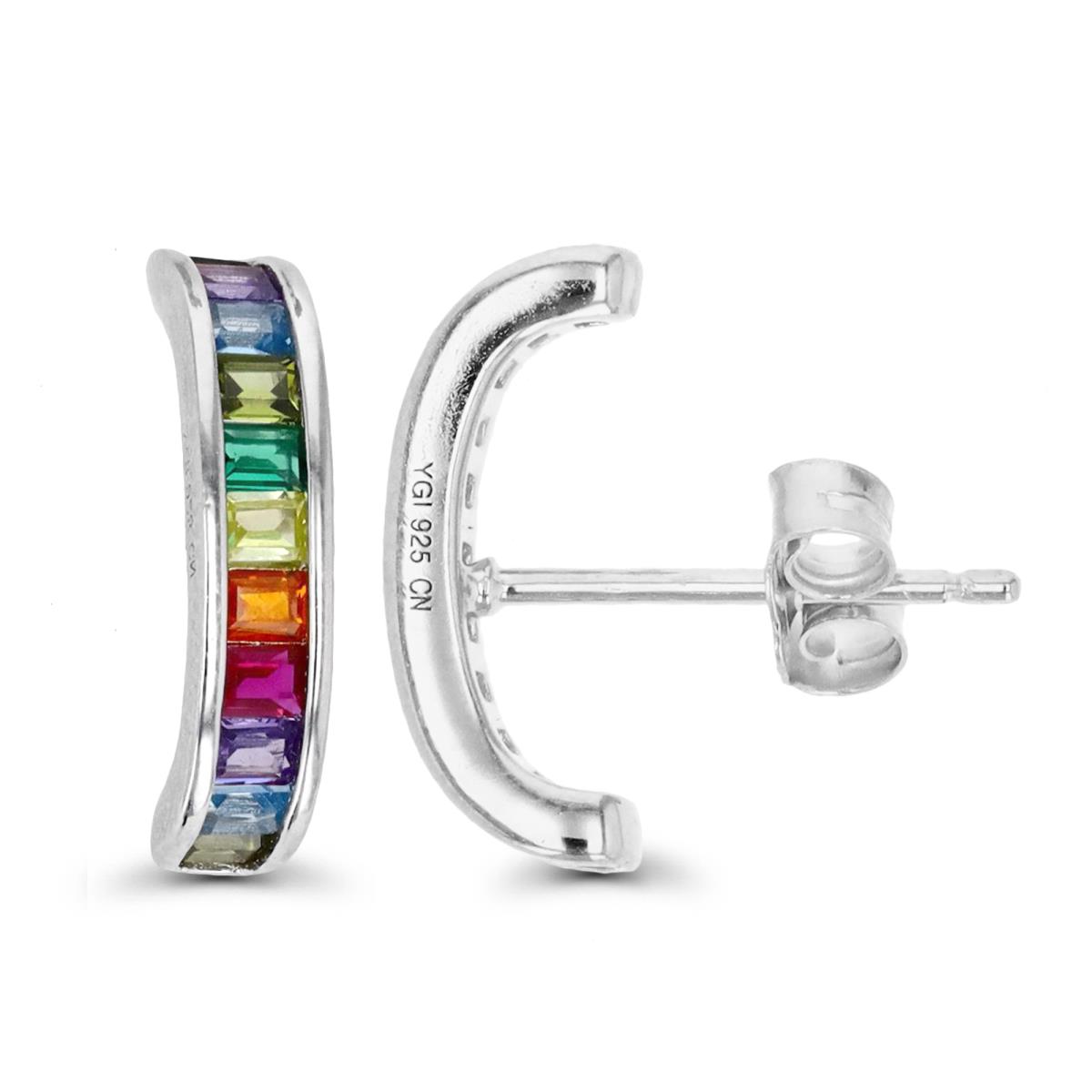 Sterling Silver Rhodium & Multi Color BGT CZ Channle Set Half Hoop Stud Earring