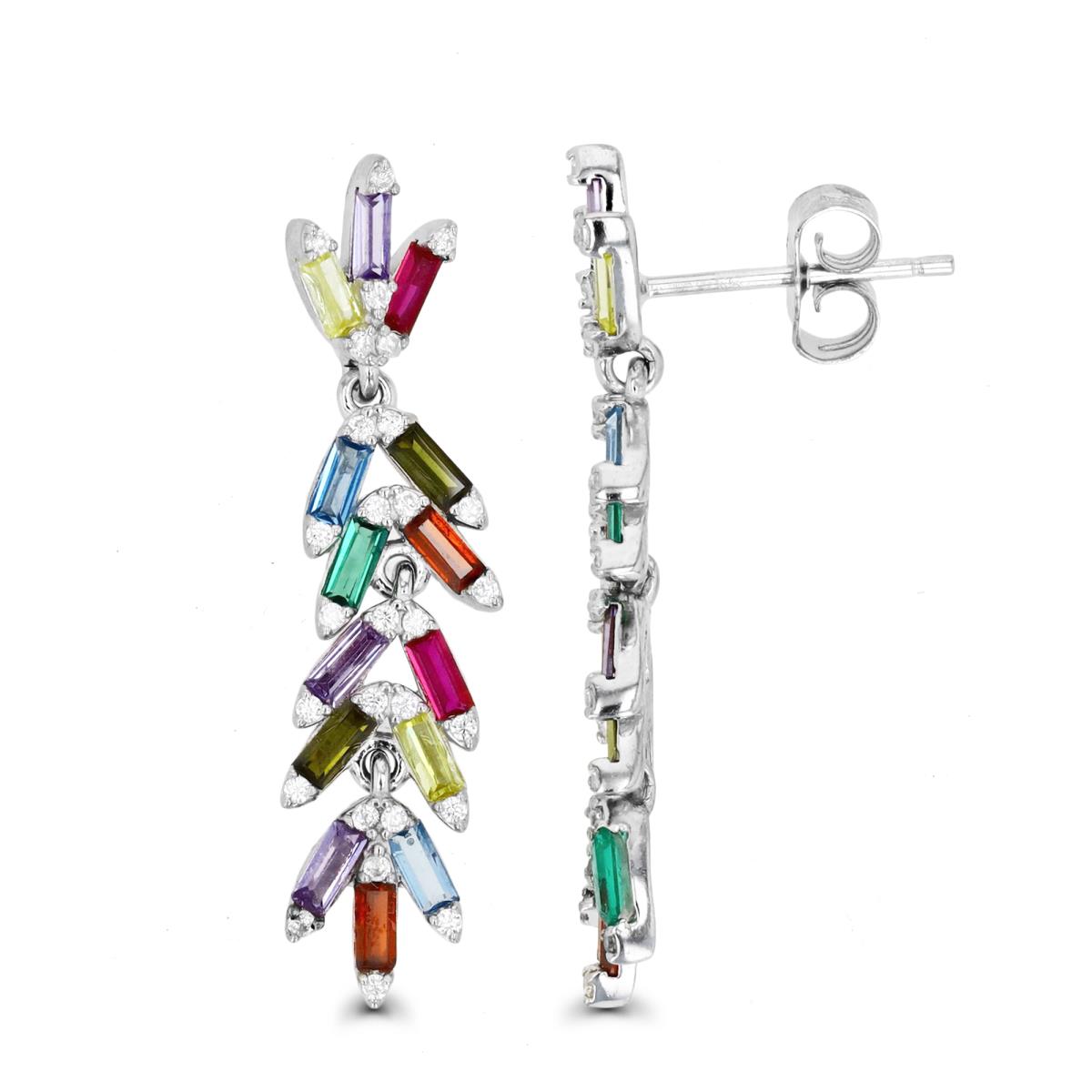 Sterling Silver Rhodium & Multi Color BGT and White RD Ct CZ Leavs Drop Earring