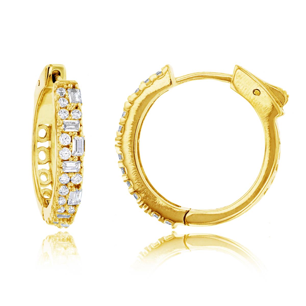 Sterling Silver Yellow 20x4mm 2-Row Micropave Baguette & Rd Cut CZ Hoop Earring with Safety Lock