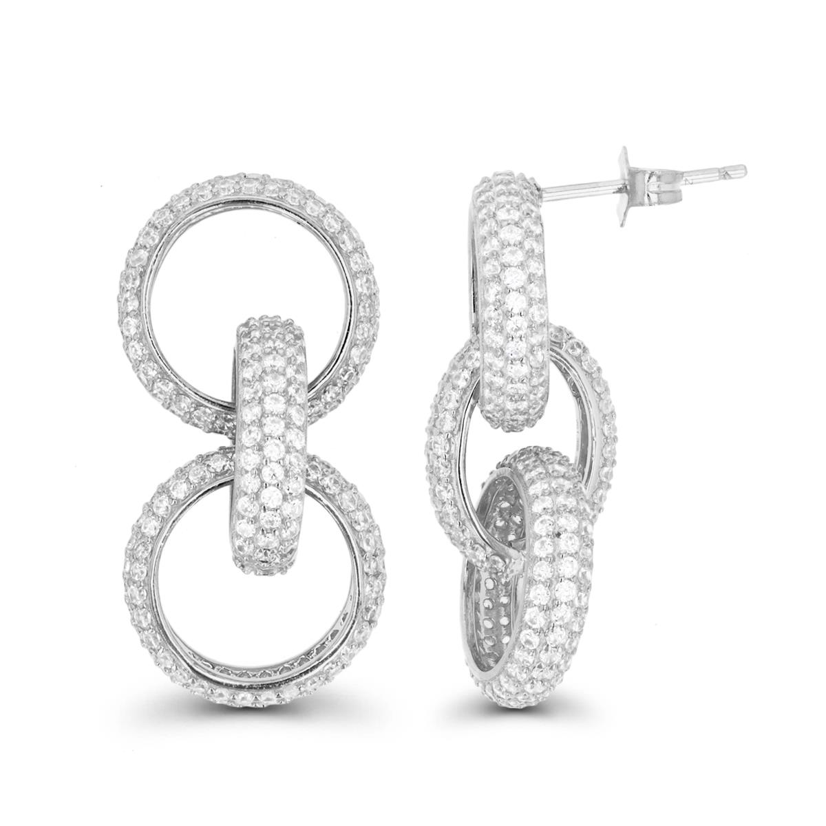 Sterling Silver Rhodium & White CZ Pave Circle Link Dangling Earring