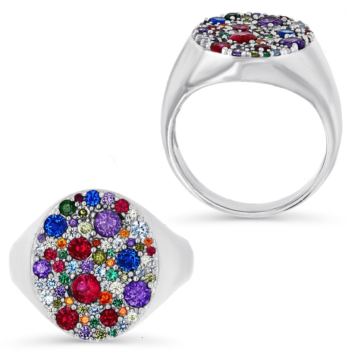 Sterling Silver Rhodium &  Multi Size and Color CZ Coktail Ring