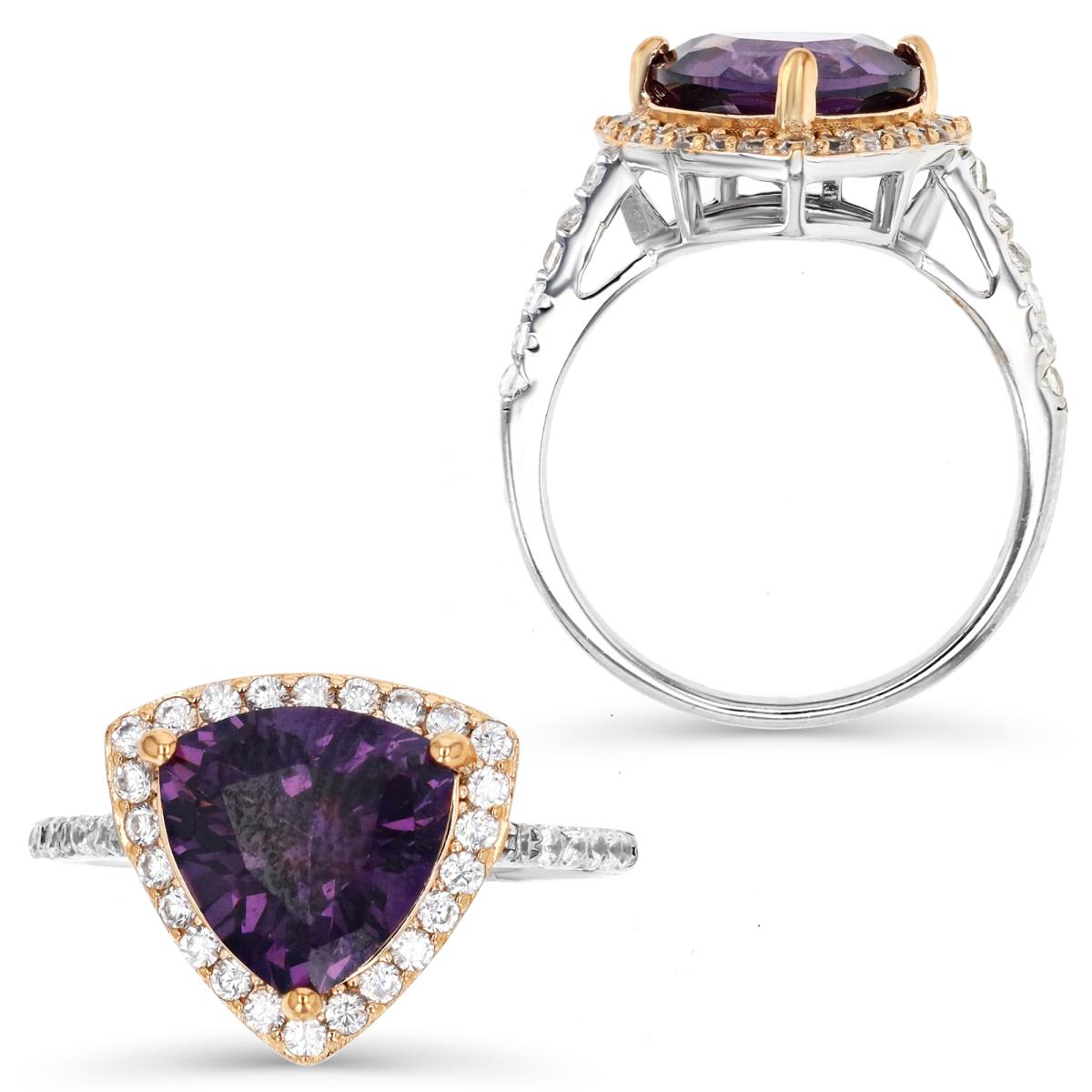 Sterling Silver Rhodium and Rose & 6.0 CTTW Amethyst and White Triangle Cut CZ Cluster Ring