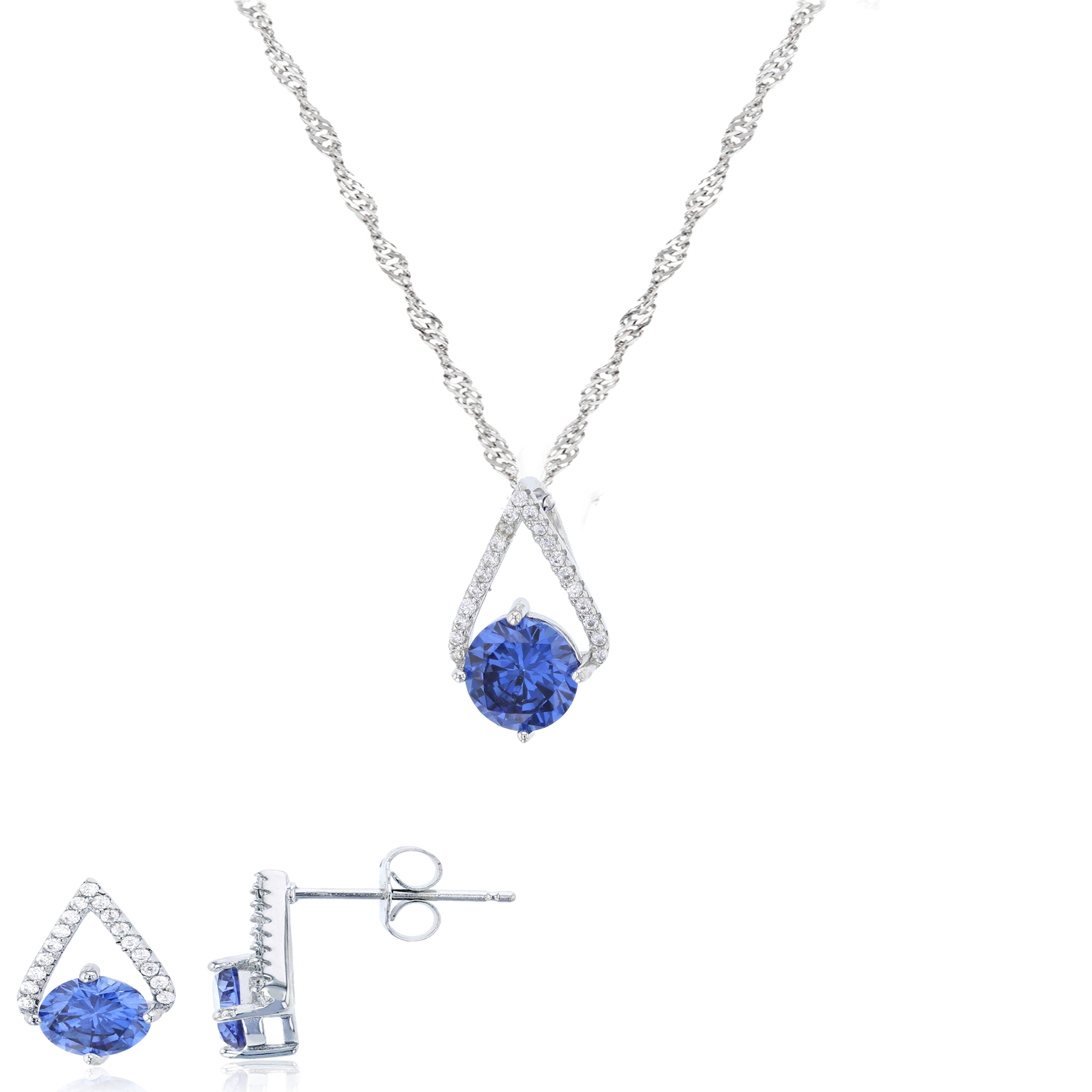 Sterling Silver Rhodium Tanzanite Rd Cut & Micropave White CZ Open Triangle Necklace 18''+2''& Earring Set