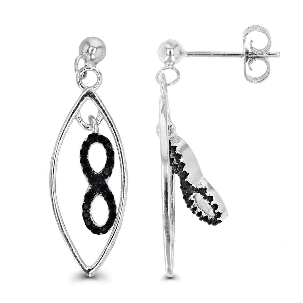 Sterling Silver Rhodium and Black & Black Spinel Oval and Infinity Dangling Earring