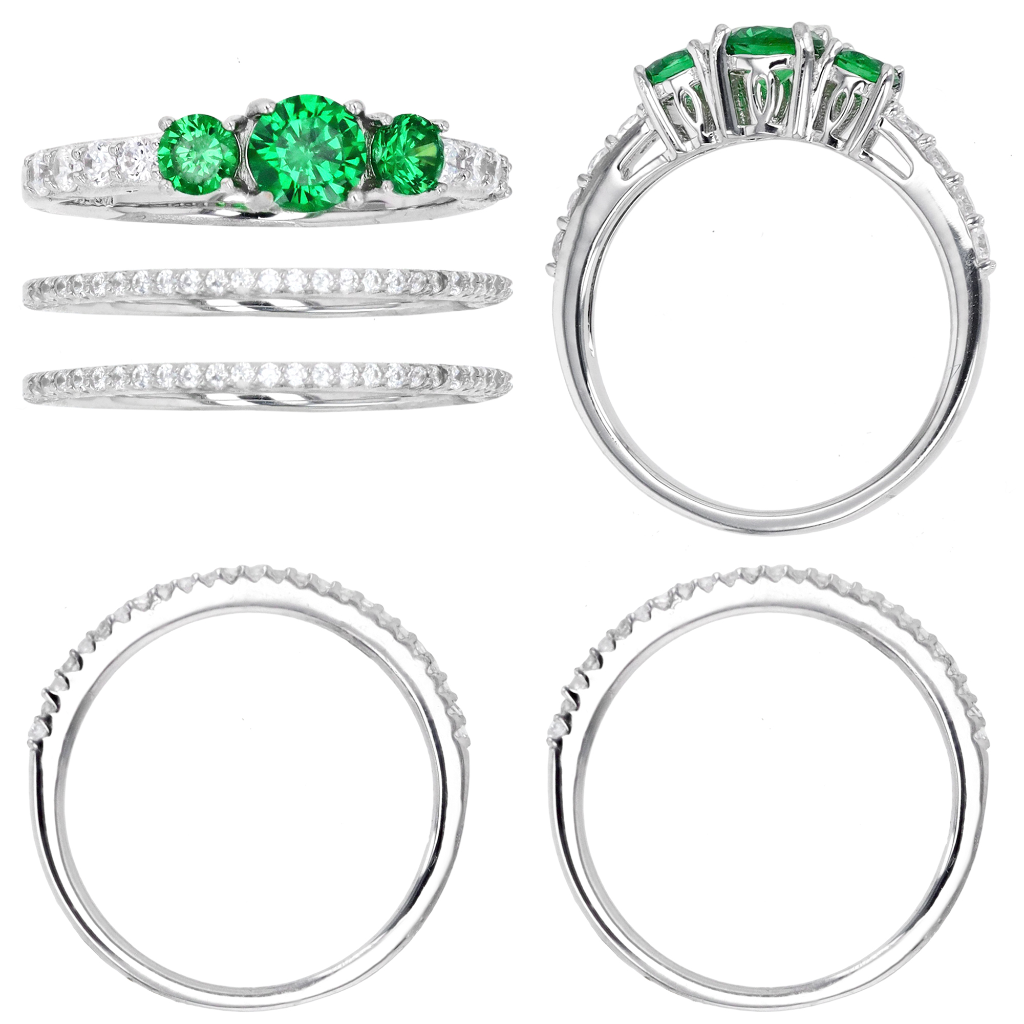 Sterling Silver Rhodium Polished Green & White Stone Four Prong Trio Ring