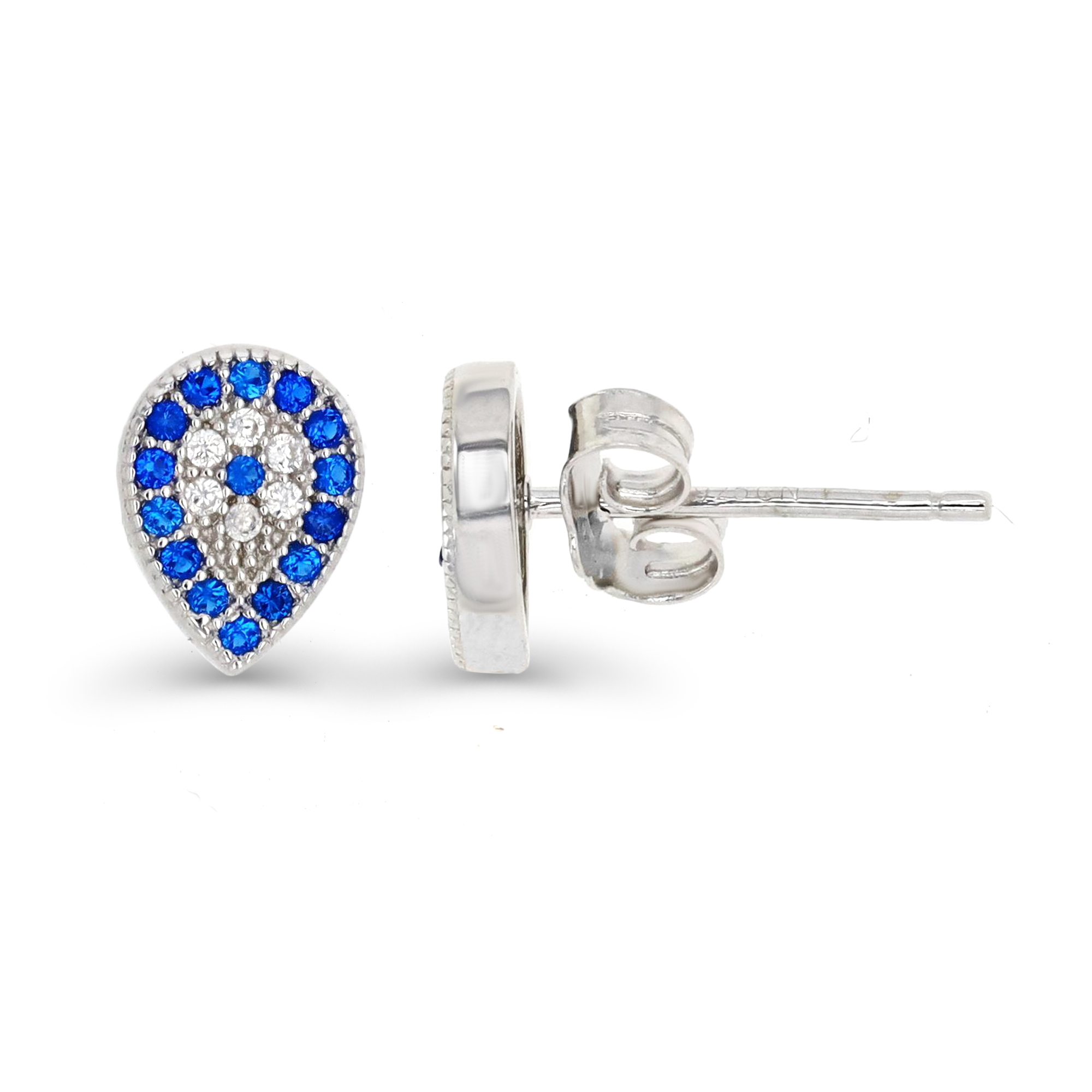 Sterling Silver Rhodium 8X6MM Polished White CZ & 113Blue Stud Earring