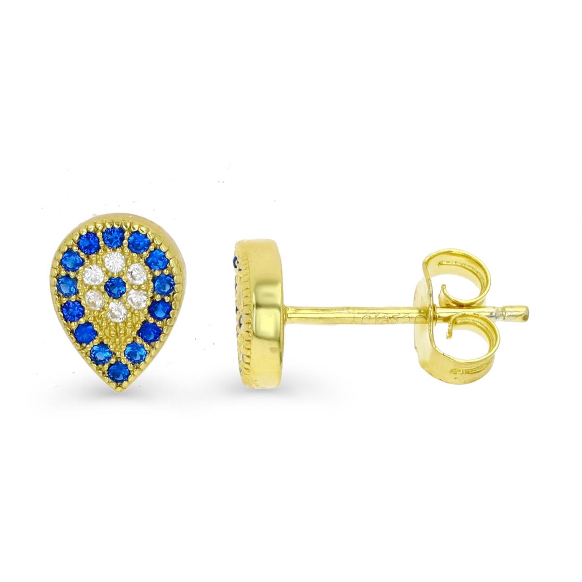 Sterling Silver Yellow 1M 8X6MM Polished White CZ & 113Blue Stud Earring